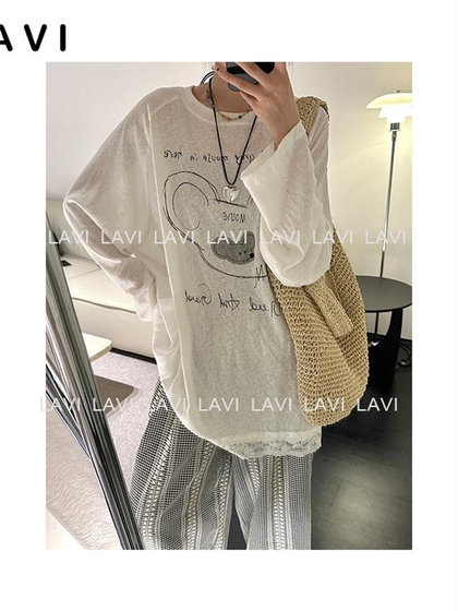 韩版松弛感套装女印花长袖上衣减龄穿搭一整套新款外搭网格马甲潮