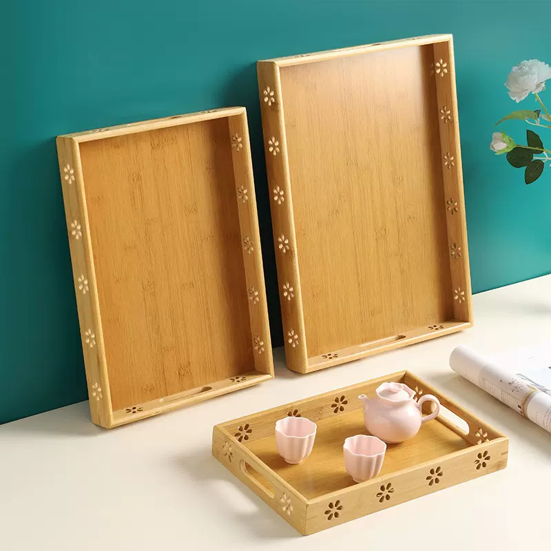 竹木茶盘木质托盘日式竹制长方形实木盘家用北欧刻字梅花创意茶盘 