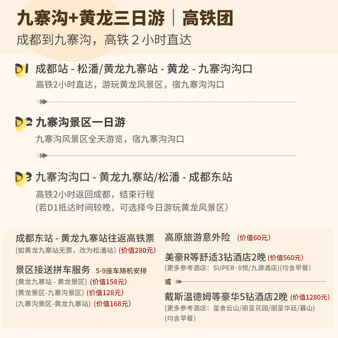 【高铁团】8人小团九寨沟纯玩三日游高铁站接送川西跟团游3天2晚