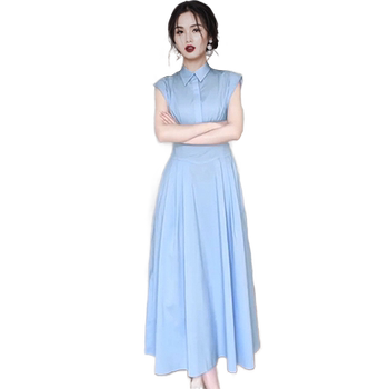 French design-sensory right-angle shoulder blue shirt dress
