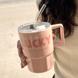 Fresh and Simple Straw Cup, Mug with Lid, Ceramic Water Cup, Household Cup for Men and Women, Couple Cup, Coffee Cup, Juice Cup