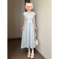 French-Style Navy Collar Blue Short-Sleeved Dress for Women 2026 Summer New Style Gentle and Elegant Waist-Cinching Stunning Long Dress