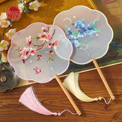 Chinese-Style Round Fan with Double-Sided Embroidery, Ancient Fan with Suzhou Embroidery, Suitable for Women in Hanfu, Cheongsam, Children's Dance, Eight-Petal Embroidered Round Fan