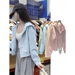 Late Autumn Short Coat, Milk Blue Sweatshirt for Women, Autumn and Winter Clothing for Petite Women, Loose Hooded Cardigan with Zipper, Fleece-Lined and Thickened