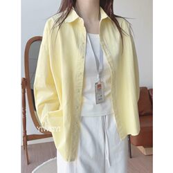 Lemon Yellow Minimalist Style Pure Cotton Regular Shoulder Shirt for Layering, Women's Spring 2025 New Long-Sleeve Top for Outerwear
