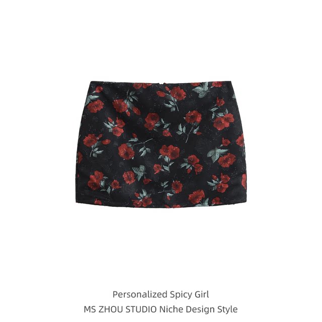 Hot girl retro rose printed mesh skirt for women in summer new high-waisted slim hip A-line short skirt