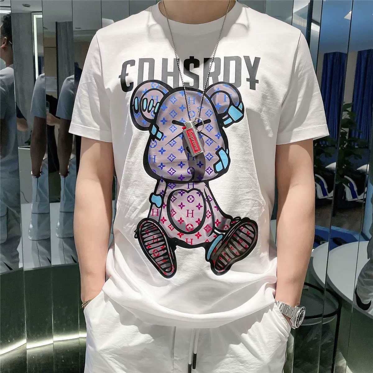 纯棉ins欧美暴力小熊印花短袖t恤男潮流卡通宽松圆