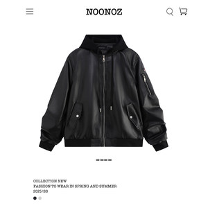 
NOONOZ trendy American high street fake two-piece PU leather jacket men's new versatile motorcycle style hooded jacket