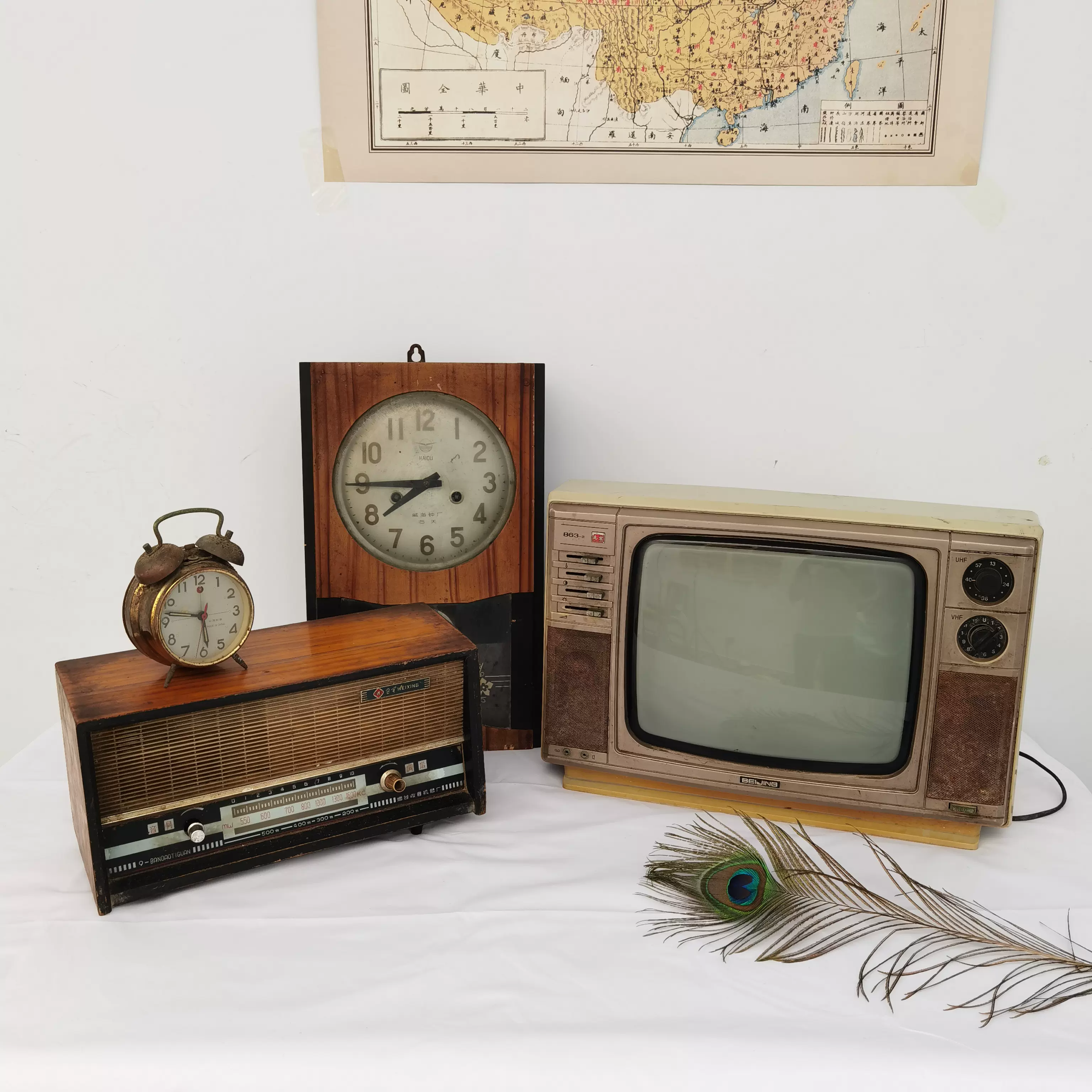 复古怀旧老式收音机与电视机桌面摆件组合80年代创意造型挂钟