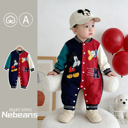 Baby Spring Children's Pure Cotton Baseball Jacket Romper One-Piece Coat for One-Year-Old Boys and Girls, Toddler Outdoor Clothing Trendy