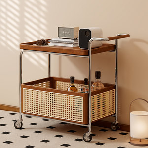 
Solid wood movable side table storage medium-sized trolley living room sofa storage rack rattan simple dining car