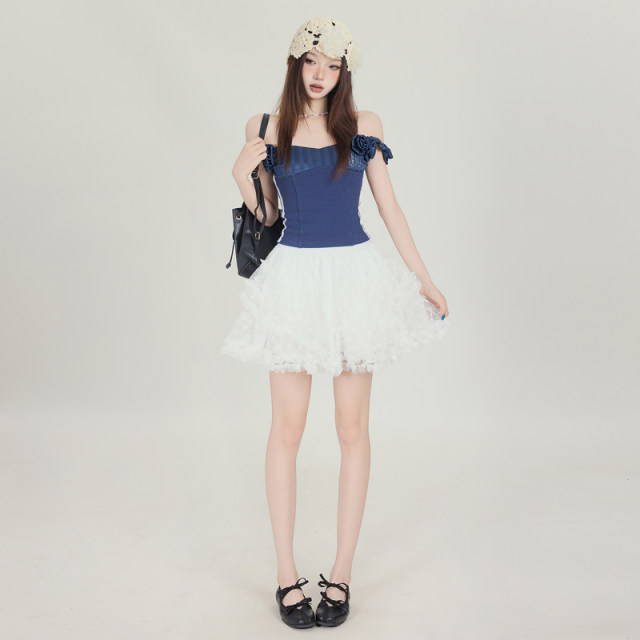 
RTRX French retro lace mesh cake skirt for women with versatile design niche high waist slim short skirt