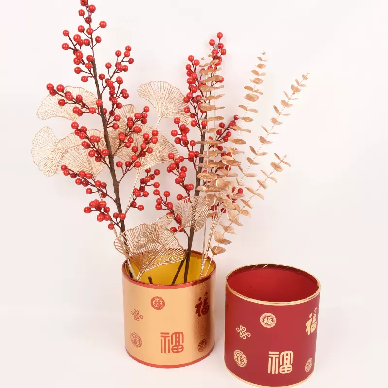 22新年中国风福桶插花材料仿真冬青尤加利叶金色银杏叶