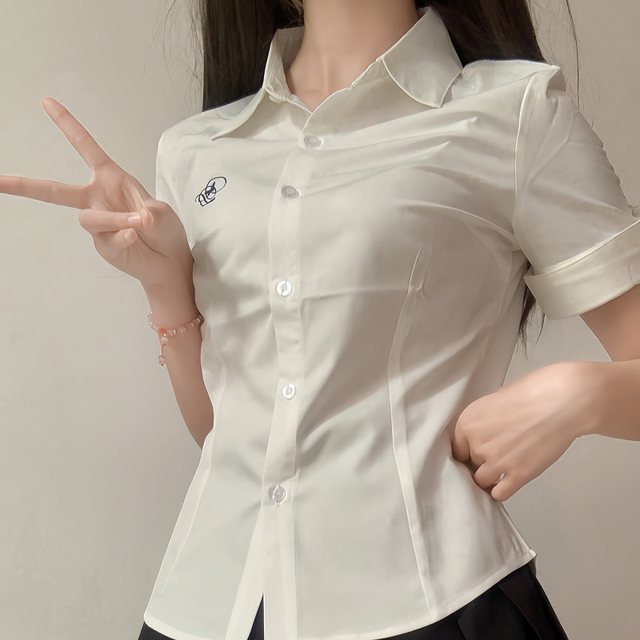 Mountain tea and book original JK college wind embroidery shirt summer slimming, thin waist, wild white blue short sleeve top
