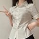 Mountain tea and book original JK college wind embroidery shirt summer slimming, thin waist, wild white blue short sleeve top

