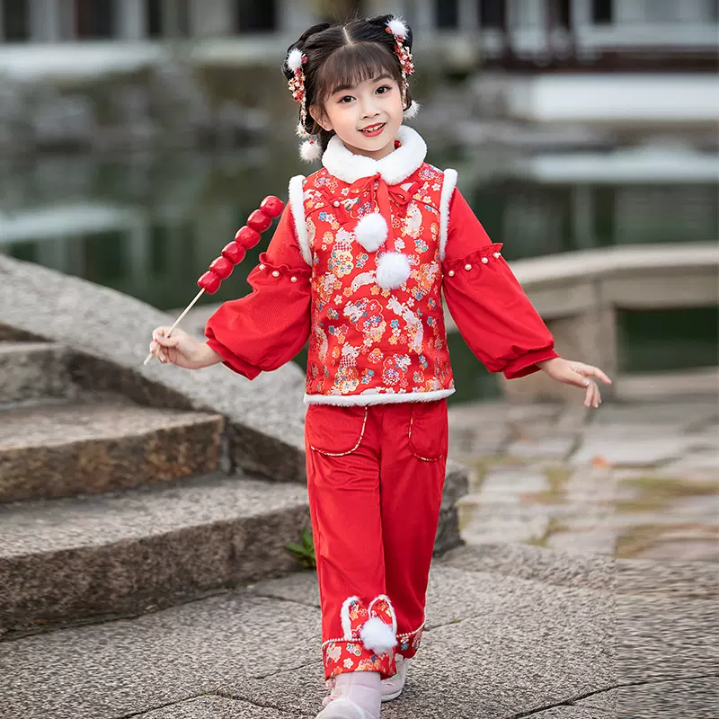 女童套装冬季加厚女宝宝拜年服唐装中国风新年服装儿童汉服