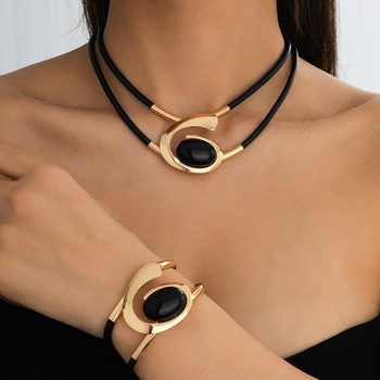 
European and American cross-border goods versatile dark gothic style oval geometric double-layer bracelet necklace set versatile personalized women