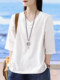 White pure cotton t-sleeved T-shirt for women 2025 summer new simple plus size women's mid-sleeved V-neck T-shirt top
