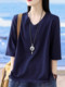 White pure cotton t-sleeved T-shirt for women 2025 summer new simple plus size women's mid-sleeved V-neck T-shirt top