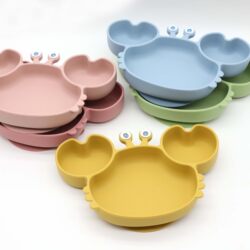 Children's crab dinner plate silicone feeding cartoon tableware baby silicone spoon and fork wooden spoon and fork tableware combination set