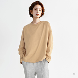 Small Tee15 Khaki Off-shoulder Silhouette Long-sleeved T-shirt With Sleeves Wraparound Stitching Small And Exquisite
