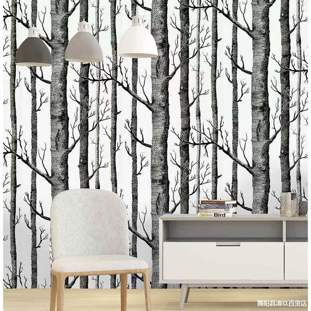 北歐風壁紙現代簡約黑白樹枝白樺樹3d立體自粘壁紙背景