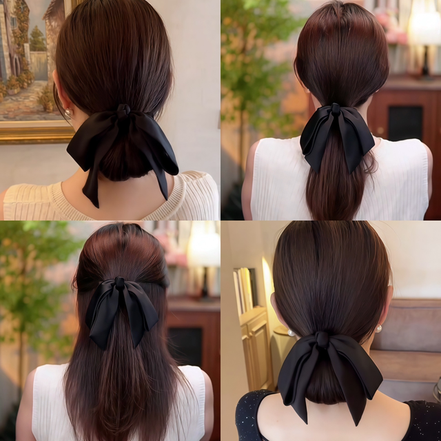 Low round head black satin bow hairpin for women summer spring clip on the back of the head ponytail clip headwear