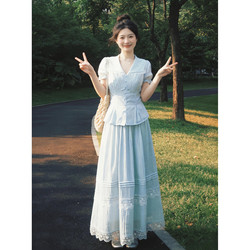 2026 New Summer Outfit, a Complete Set of Blue Short-Sleeved Dresses for Women, Early Spring, Petite, Elegant and Beautiful Long Dresses