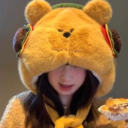 Cute Hamburger Bear Plush Hat for Women, Autumn and Winter, Fleece-Lined, Thickened, Warm, Large Head Circumference, Makes Face Look Smaller, Ear-Protecting Lei Feng Hat