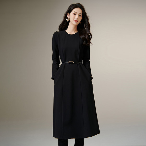 
Qianxunyi 2025 Autumn and Winter New Intelligent Simple Round Neck Skirt High Waist Slim Fit Covering Body Slimming Long Sleeve Dress