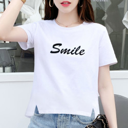 100% Pure Cotton White Short-Sleeved T-Shirt for Women, New Summer Style, Loose and Slimming, Inner Wear, Round Neck, Slit T-Shirt