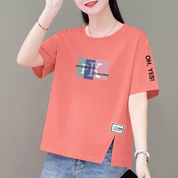 100% Pure Cotton Short-Sleeve T-Shirt for Women, Fashionable Korean Style, Loose Fit, Slimming, Plus Size, Casual Design with Slit ins Top Clothing
