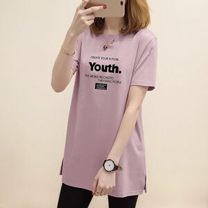 
100% pure cotton medium-length short-sleeved T-shirt for women in summer, fashionable loose slim large size women's casual slit top
