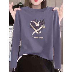 Spring and Autumn 100% Women's Pure Cotton Round Neck Long-Sleeve T-Shirt, Fashionable, Versatile, Slimming, Printed, Commuter Base Shirt