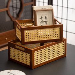 Vintage Rattan Storage Basket, Desktop Solid Wood Storage Basket, Hand-Woven Snack Basket, Living Room Book Organizer Box