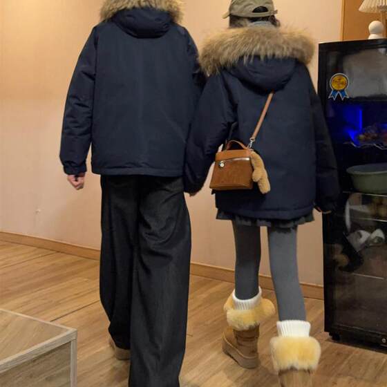 Navy fur collar hooded down jacket for men and women, winter couple jacket, high-end cold-proof workwear jacket