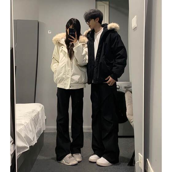 
American couple's party jacket men's winter high-end warm and thickened fur collar cotton clothing trendy flight hooded jacket