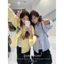 American-Style Color-Blocked Embroidered Striped Shirt for Women, Spring and Autumn, Unique Design, Loose Fit, Versatile Couple's Top