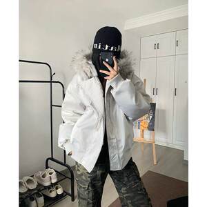 
American retro fur collar parka cotton coat men's winter thickened hooded workwear cotton coat high-end couple cotton jacket