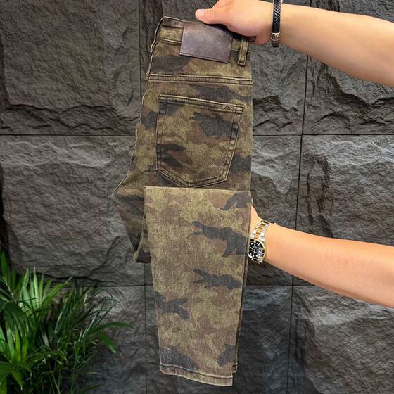 
High street camouflage jeans for men 2026 autumn and winter new style simple clean version handsome men's slim fit long pants with small feet