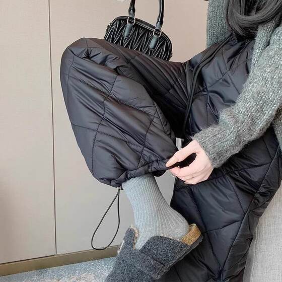 
Black ribbed lined down pants for women in winter, thickened warm cotton pants for small people, loose slimming casual wide-leg pants