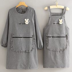 Fashionable Home Kitchen Cooking Fabric Breathable Apron for Women, New Long-Sleeved Smock Work Clothes, Oil-Proof for Adults