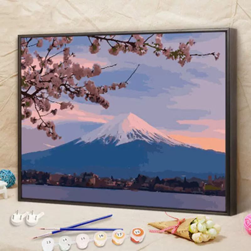 Diy数字油画风景花卉日本富士山樱花手绘涂色客厅大幅装饰油彩画