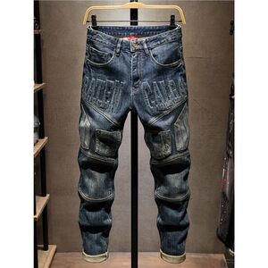 
High-end embroidered jeans for men in autumn and winter, trendy brand handsome American retro stitching slim-fitting pants