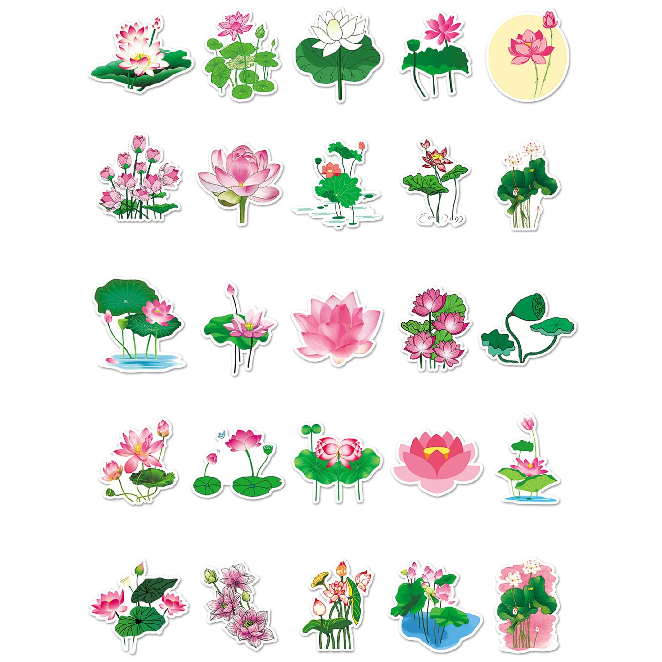 50张荷花荷叶涂鸦贴纸儿童水杯笔记本电脑主机平板吉他手机滑板拉