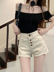 Summer New Denim Shorts for Women, Plus Size, Stylish Single-Breasted, Slimming, Petite, Hip-Covering, Wide-Leg Hot Pants