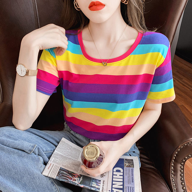 2024 summer new ins loose pure cotton rainbow striped short-sleeved T-shirt for women half-sleeved tops to make them look slim T-shirt trendy