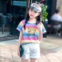 Girls' Pure Cotton Short-Sleeved T-Shirt Summer New Style Kidsren's Fashionable Summer Clothing Little Girl Cartoon Rainbow Cotton Top Trendy