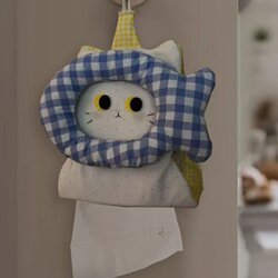 Cute Plaid Cat Tissue Bag Hanging Storage Bag for Bedroom, Car, Dormitory, Bathroom
