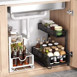 Kitchen Storage Rack, Multi-Functional Double-Layer Shelf Inside the Cabinet, Under-Sink Drawer Pull-Out Basket, Storage Organizer